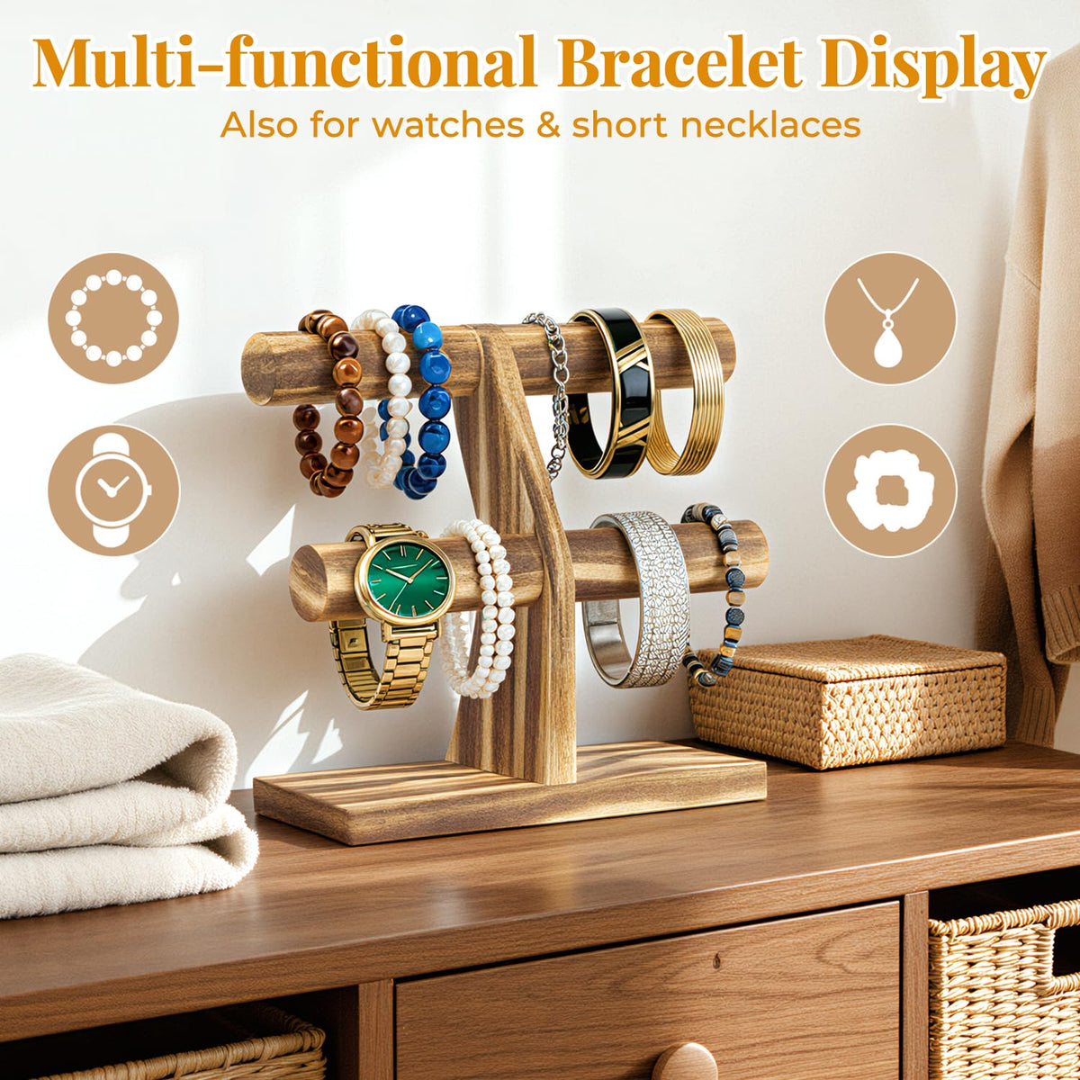 EsLuker.ly Bracelet Holder Display Wooden Stand Organizer, T Bar Bangle Storage Rack for Home Vendors Business Selling, Large Capacity 2 Tier Jewelry Tree Tower for Watches, No Clutter, Rustic Brown