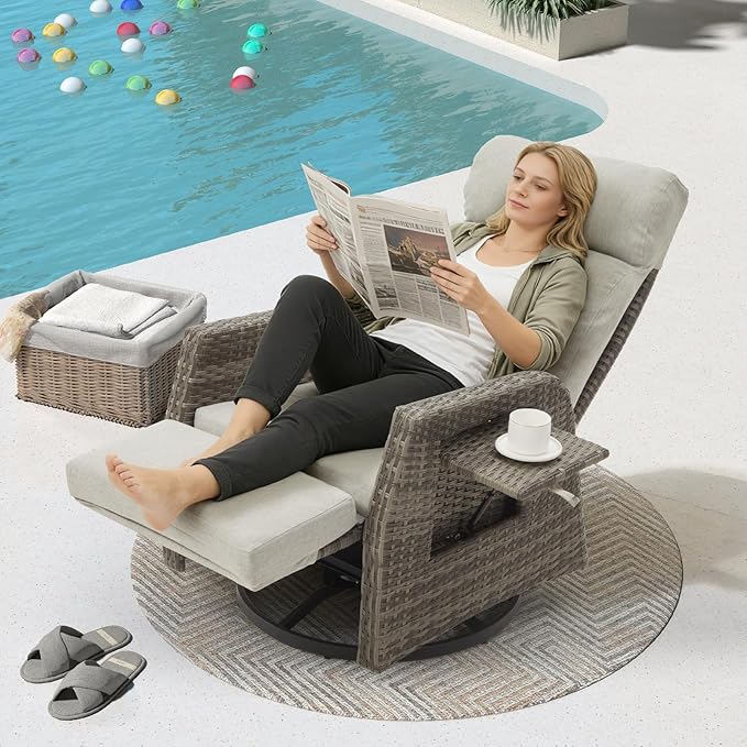 Adjustable Outdoor Recliner Chair with Independent Backrest & Footrest, Patio Swivel Recliner Chair, Wicker Reclining Patio Chair w/Flip-Up Table, Air Pump 155° Lay Flat Chaise Lounge, Gray