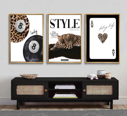 Trendy Leopard Set of 3 Canvas Wall Art Preppy Room Aesthetic Cheetah Cheetah posters Prints Funky Lucky 8 Ball Wall Decor Pictures for Girls Bedroom Apartment Dorm Unframed Decoration