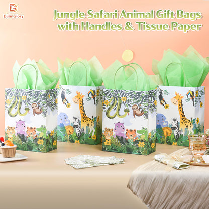 36 Pack Medium Jungle Safari Woodland Animal Themed Paper Gift Bags with Handles and Green Tissue Paper for Birthday Baby Shower Party Favors Goodies Treats, 10x8x4 Inch (2 Assorted Designs)