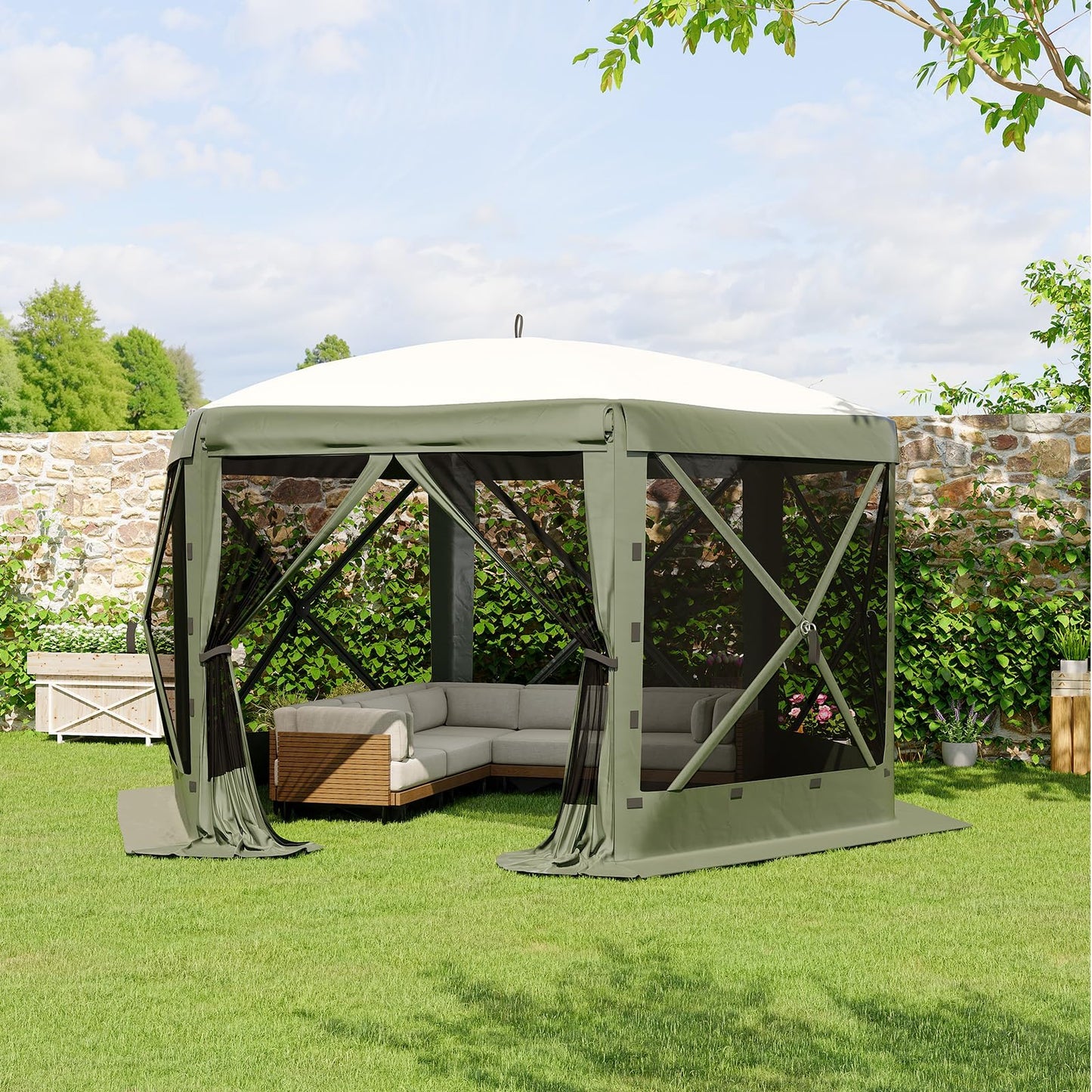 MilleLoom 11.5x11.5FT 6-Sided Gazebo Tent, One-Push Setup Canopy with Mesh Panels & Removable Wind Cloths, Outdoor Shelter for Backyard Parties Camping Events, Army Green