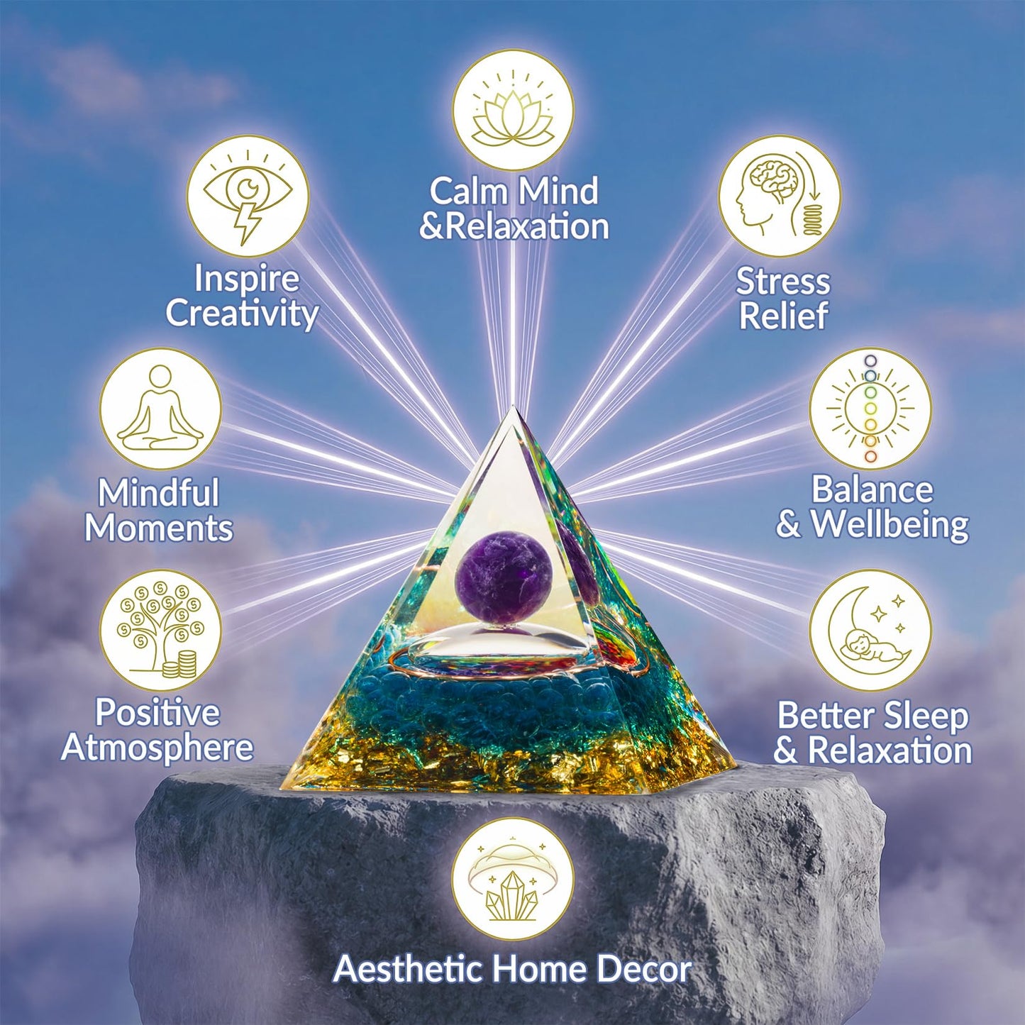 Orgone Crystal Pyramid for Positive Energy, Amethyst Sphere Seven Chakra Rainbow Crystal Pyramid, Blue Green Crystal Chips Energy Generator, Meditation Energy Healing Decor & 2 pcs Rose Quartz Heart