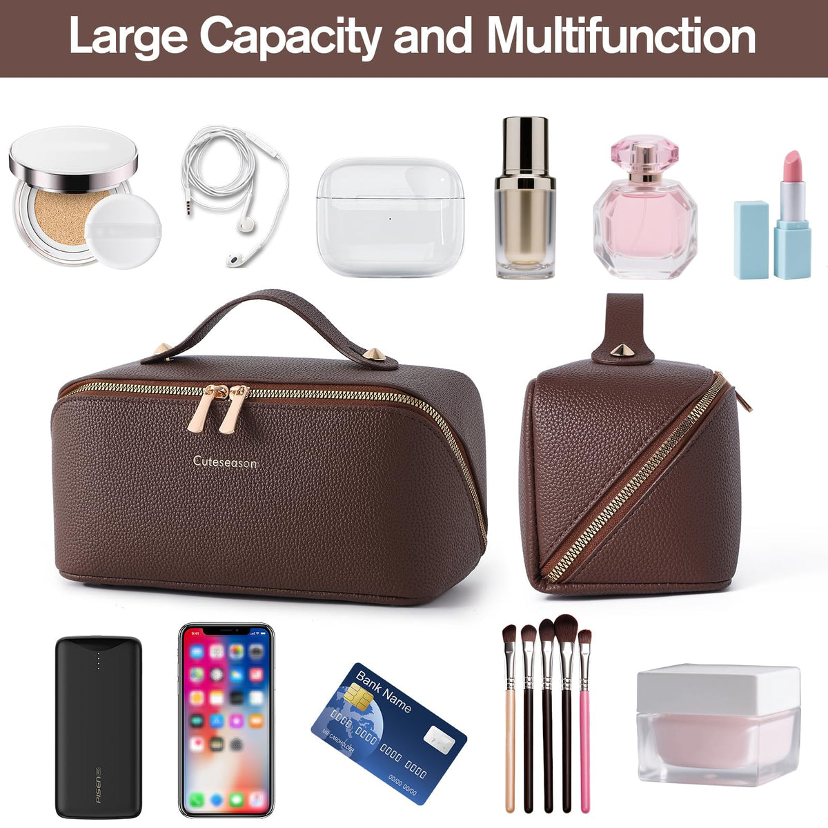 Cuteseason PU Leather Makeup Bag for Women, Structured Makeup Case with Wide Opening, Travel Cosmetic Bag with Compartments and Handle, Water-Resistant Makeup Organizer(Brown, Lychee Grain)
