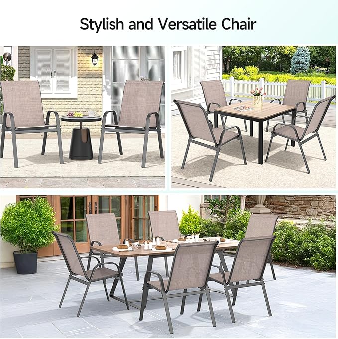 Patio Chairs Set of 6, Easily Set Up Stackable Outdoor Dining Chairs with High Back and Wide Seat, All Weather Breathable Outdoor Chairs Set of 6 with Metal Frame for Backyard Deck Pool, Brown