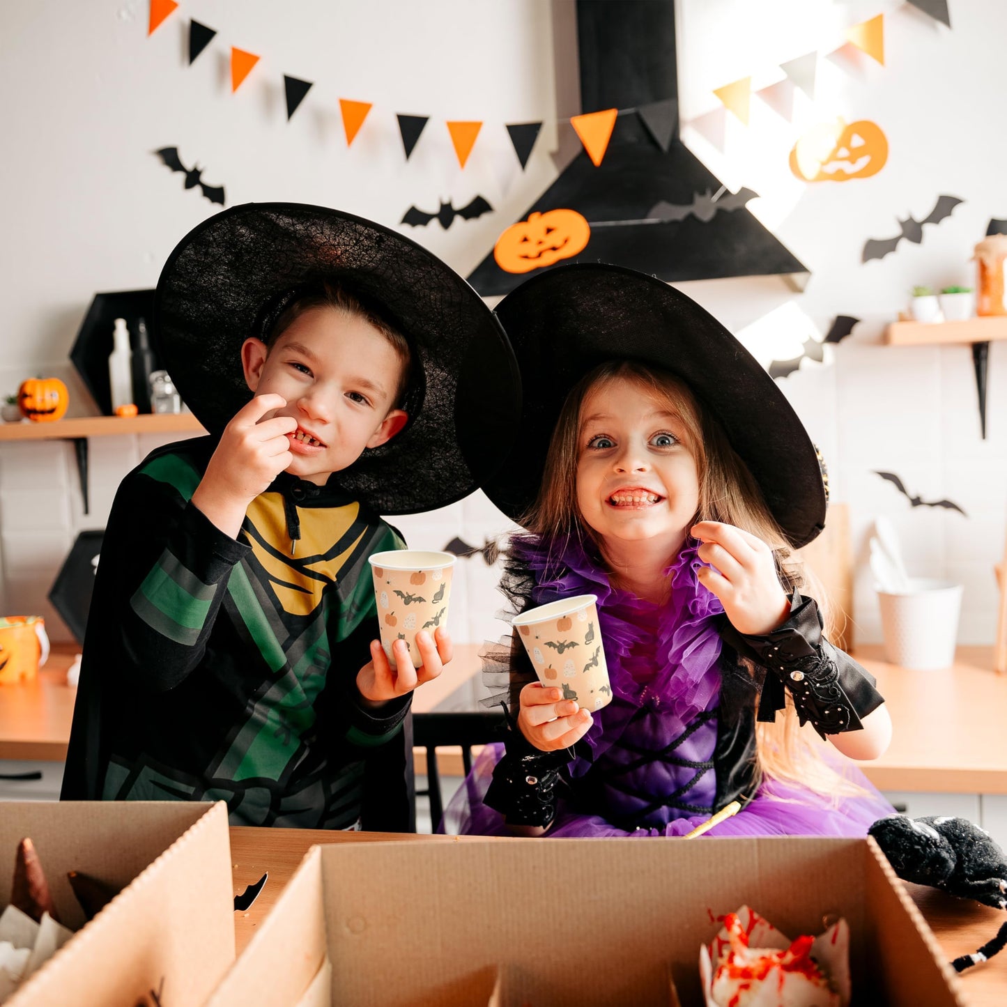 Cheerland Halloween Party Cups Pumpkin Disposable Paper Cups for Kid Spooky Ghost Birthday Party Cup Pink Halloween with Pastel Bat Cat Print Kids Birthday Summerween Supplies Pack of 50