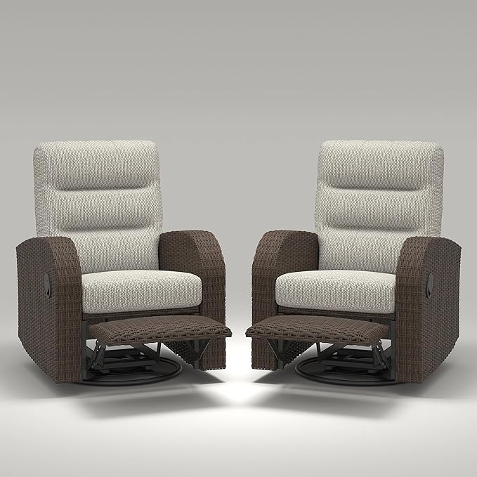 LayinSun Oversized Wicker Outdoor Swivel Glider Recliner with Adjustable Backrest & Footrest, Patio Reclining Lounge Chair - Set of 2