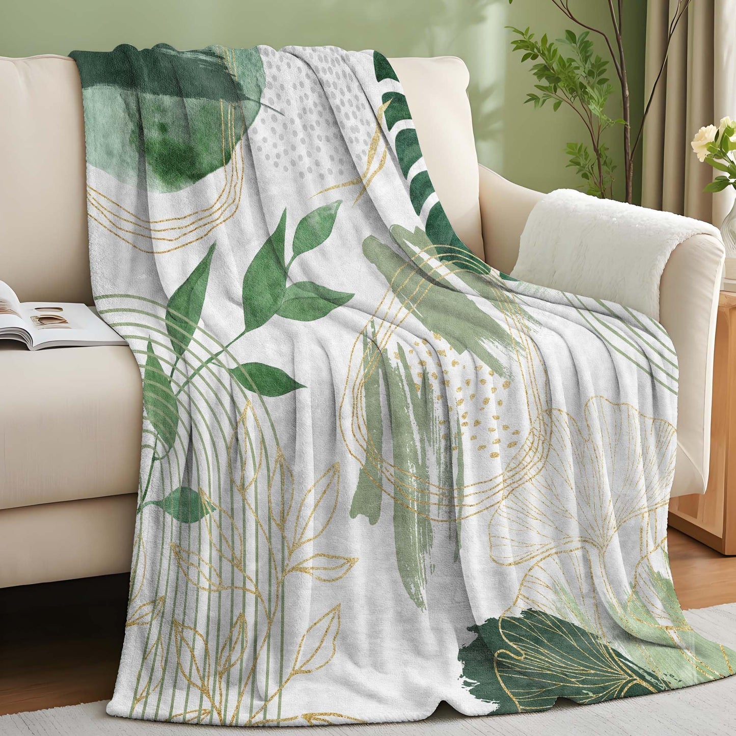 Pdvbiee Sage Green Leaf Throw Blanket, 50x60 in