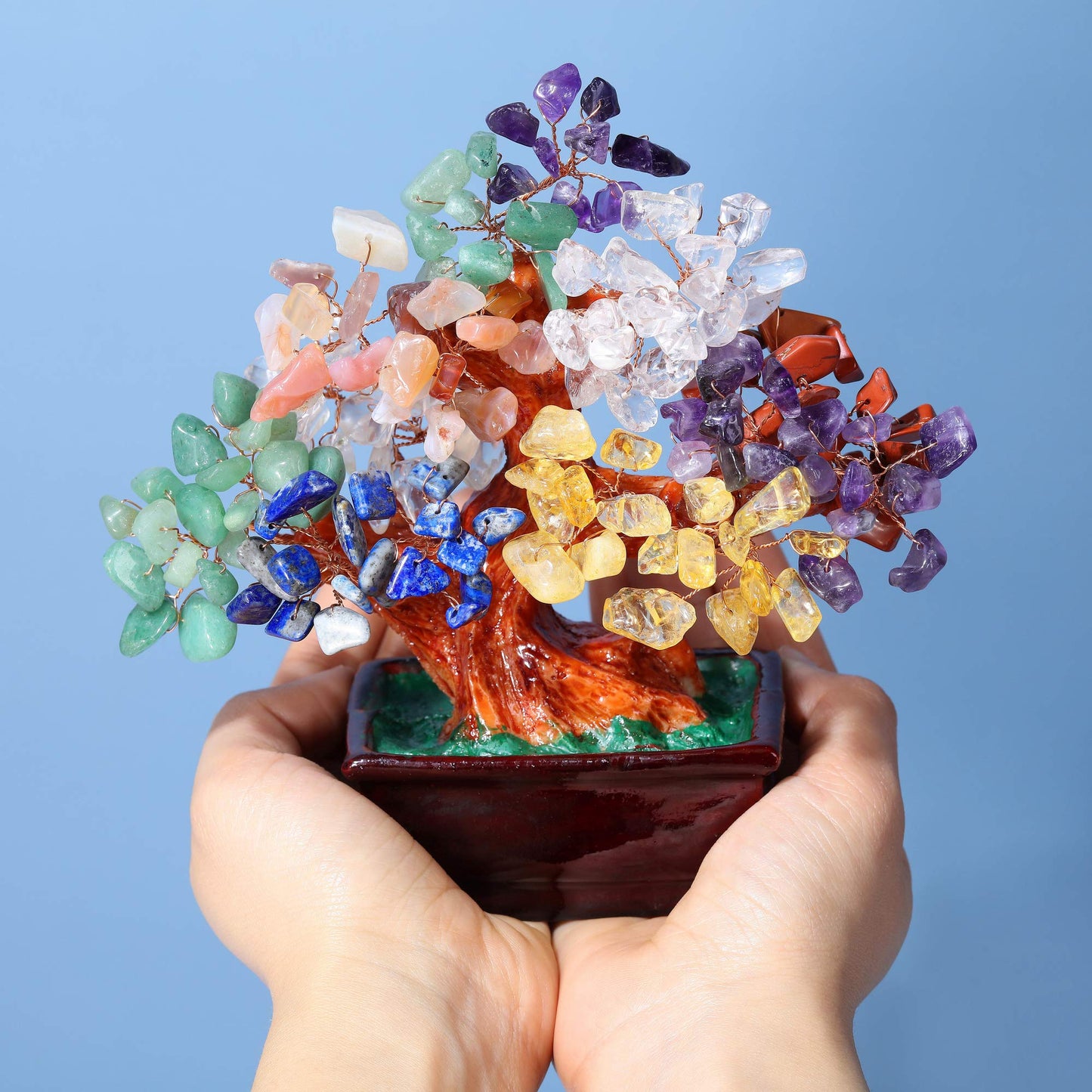 Jovivi Natural 7 Chakra Gemstone Crystal Money Tree Resin Base Bonsai Feng Shui Decorations for Wealth and Luck 6.3"-6.7"