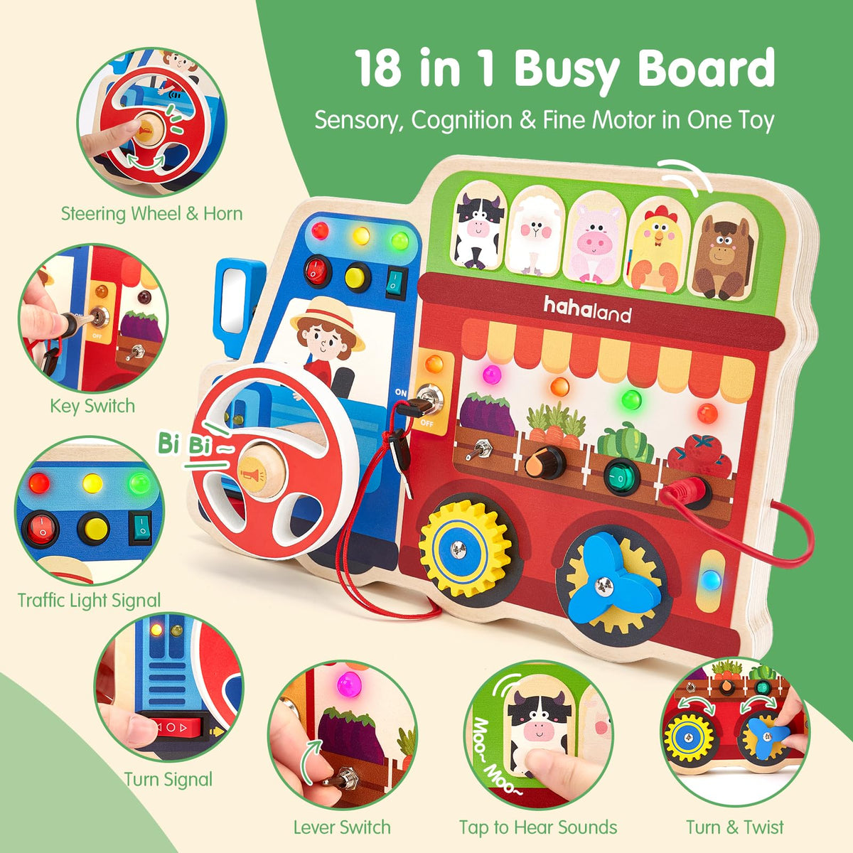 hahaland Montessori Busy Board for Toddlers 3-5, 18-in-1 Wooden Sensory Activity Board with LED Lights & Switches, Educational Montessori Toy for Fine Motor Skills, Kids Gift