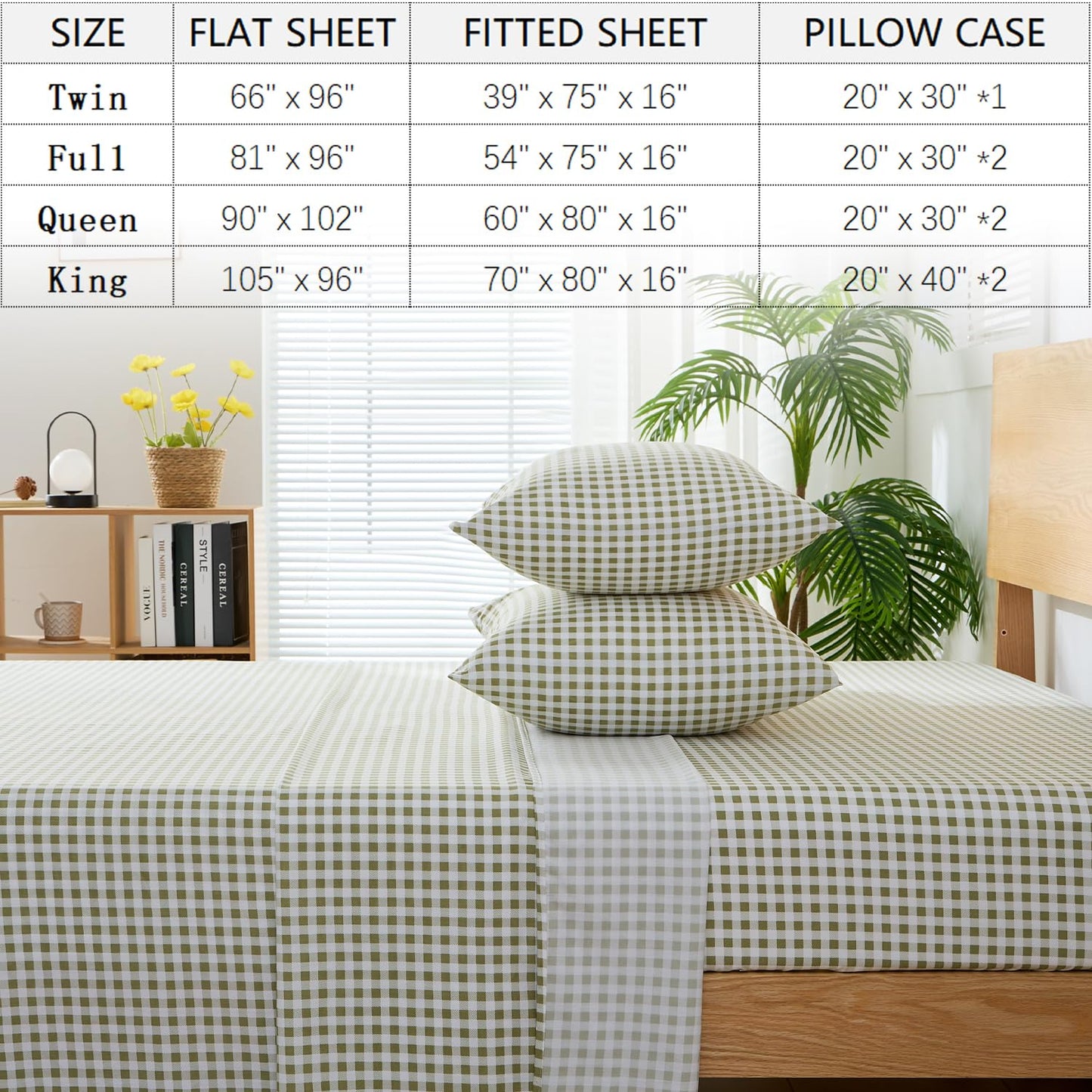 kisswish Sage Green Gingham Full Sheet Set, 4-Piece Soft Brushed Microfiber Bed Sheets - 16" Deep Pocket Fitted Sheet, Wrinkle & Fade Resistant, Hotel Luxury Bedding