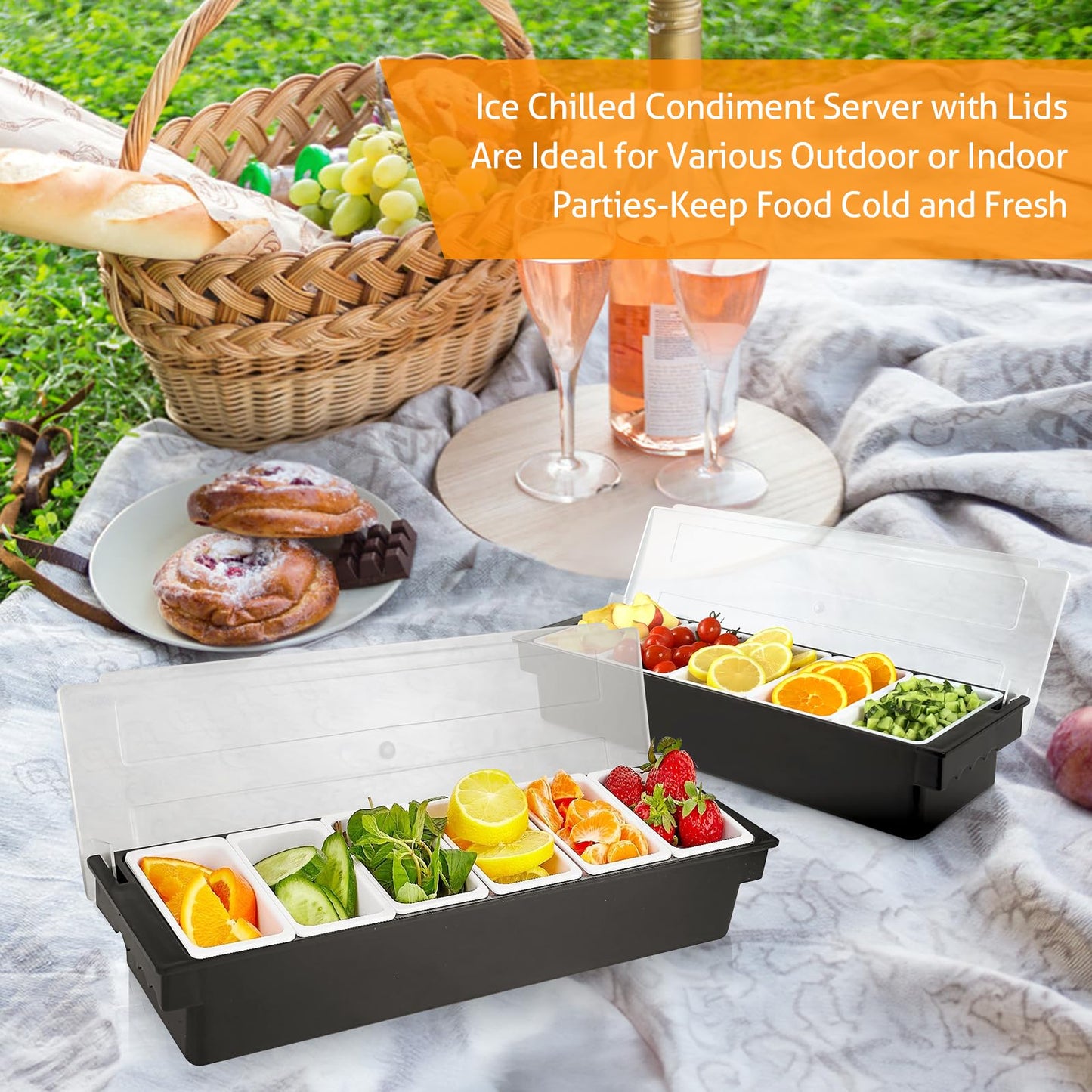 WICHEMI Fruit, Veggie & Condiment Caddy with Lid Dispenser Tray Plastic Garnish Station for Bartending & Serving Taco, Ice Cream, Salad Bar - Topping Organizer for Restaurant Supplies (6 Compartment)