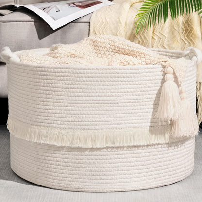 Degeyoyo 67L Large Blanket Basket, 20"x13" Woven Storage Baskets With Handle, Cotton Rope Blanket Basket Living Room, Baby Laundry hamper for Blanket, Nursery, Toy, Pillow (White)