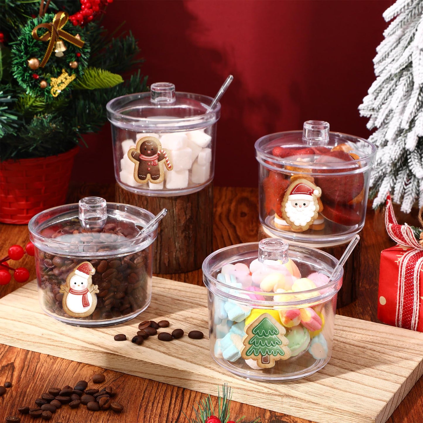 Honeydak 8 Pcs Hot Cocoa Bar Accessories Hot Chocolate Bar Containers Sugar Bowls with Lid and Spoon 12.8 oz Clear Acrylic Bowl Ice Cream Toppings Kit for Condiment Jars Seasoning Box(Stylish)