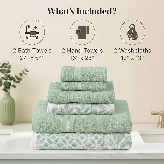 Modern Threads Trefoil Filigree 6-Piece 100% Cotton Towel Set – Reversible Yarn