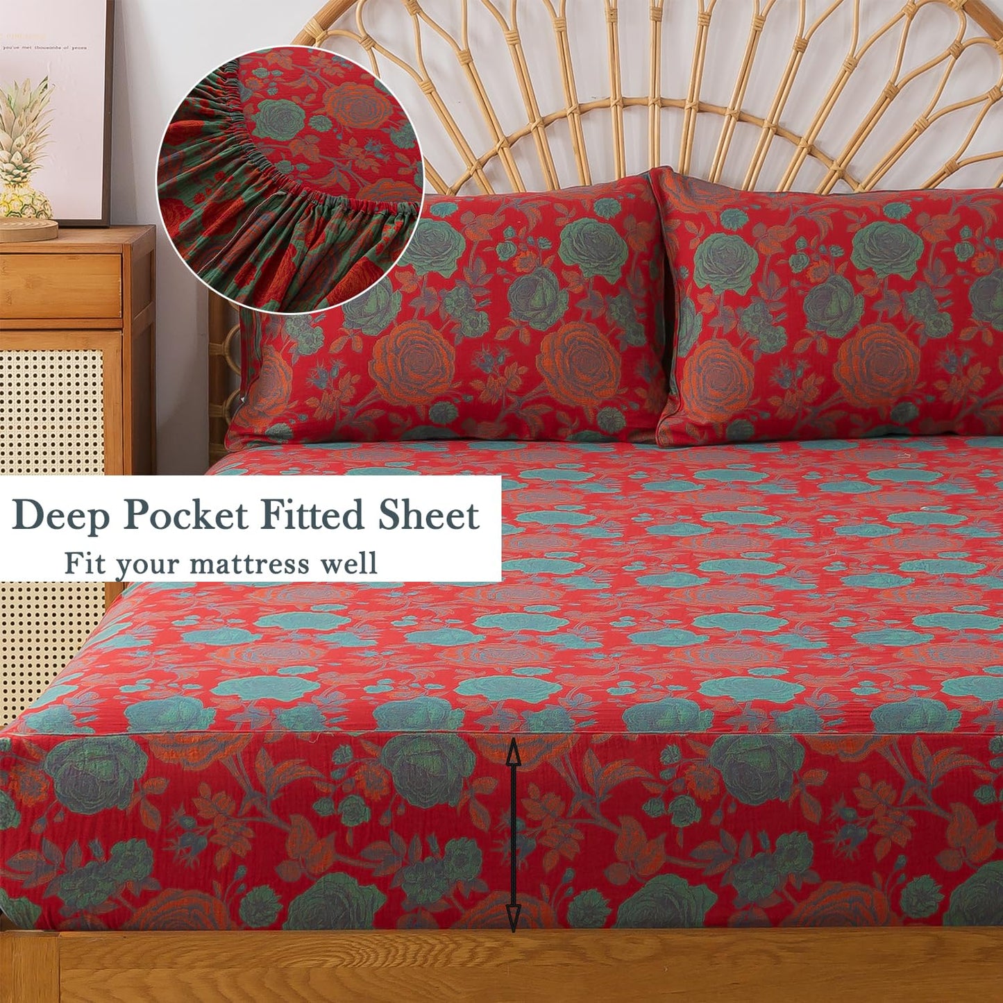 FADFAY Double Gauze 100% Cotton Queen Sheets Set Floral Bed Sheets Deep Pocket Fitted Sheet, Luxury Rose Pattern Shabby Vintage Countryside Style Bedding 4Pcs