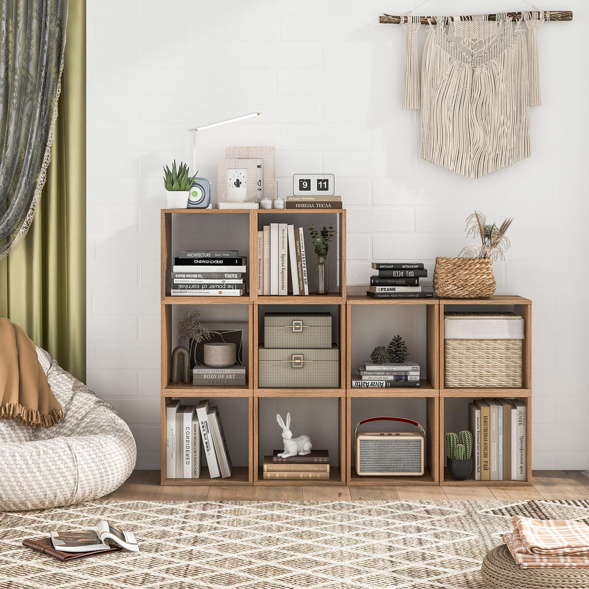 Giantex 2 Cube Bookshelf Organizer, 2-Tier Stackable Cube Storage Organizer, Small Wooden Open Book Shelf with Anti-toppling Device, Wood Floor Standing Display Shelving Bookcase, Natural