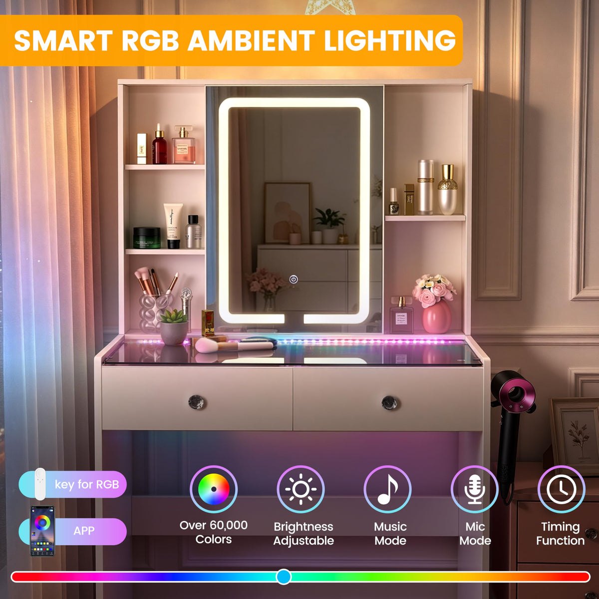 Cielozen Makeup Vanity Desk with LED Mirror & RGB Lights, Glass Top Vanity Table for Women, Adjustable Brightness & 3 Color Modes, 2 Drawers Storage, White Modern Bedroom Vanity Set