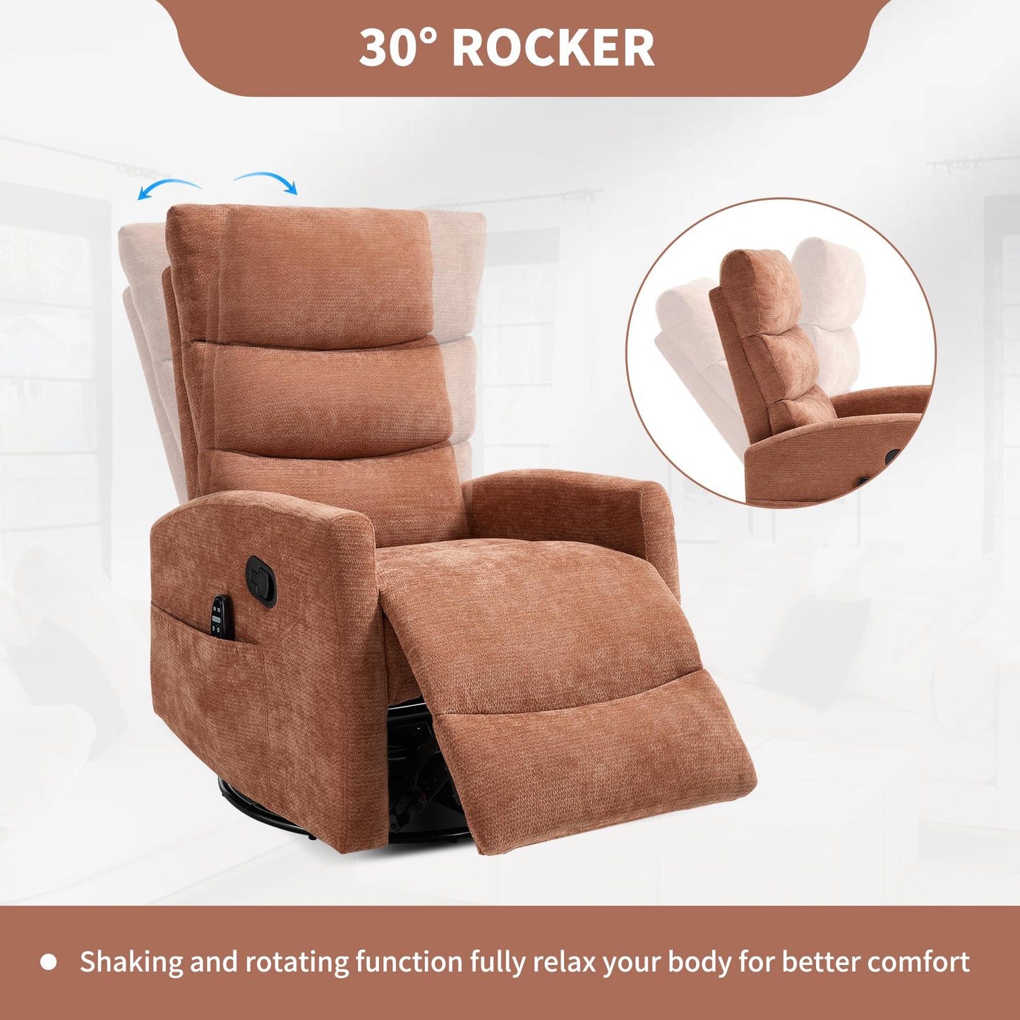GDFStudio Heat Massage Manual Recliner Chair with Rocking and 360° Swivel, Chenille Fabric Recliner Chair with Lumbar Heat, 8-Point Vibration Massage, 155° Reclining Chair for Living Room, Orange