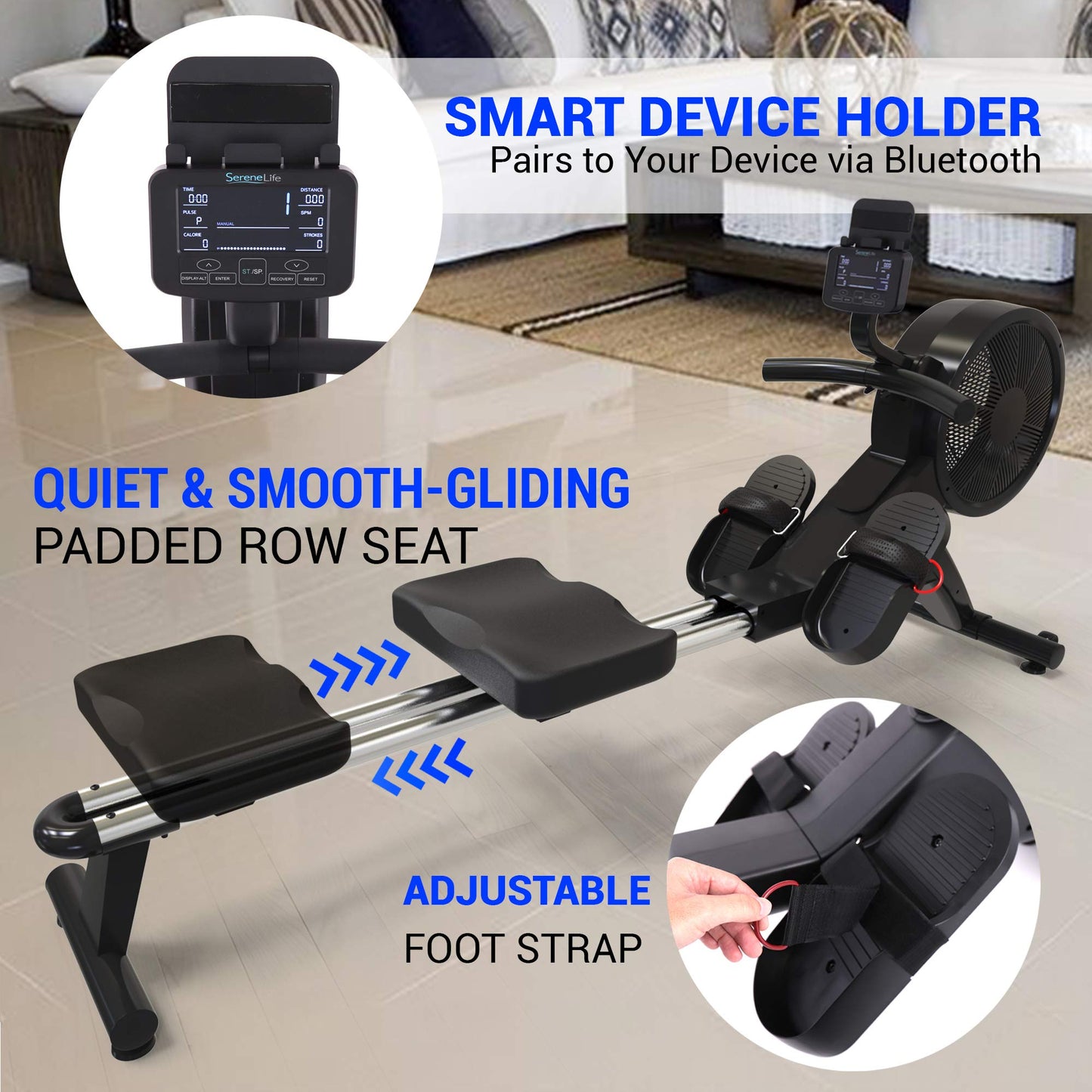 SereneLife Exercise Folding Rowing Machines Magnetic - 16Level Magnetic & Air Resistance Rowing Machine, Foldable Travel Portable Rower Fitness Machine with Bluetooth, LCD, App Compatible
