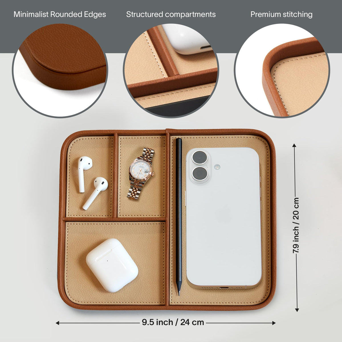 Nordik Leather Valet Tray - Sand Brown - 9.5 x 7.9 Inch Medium Vegan Leather Tray - Stylish Nightstand Organizer for Men - Modern Bedside Caddy - EDC Catchall for Key Watch Wallet Jewellery