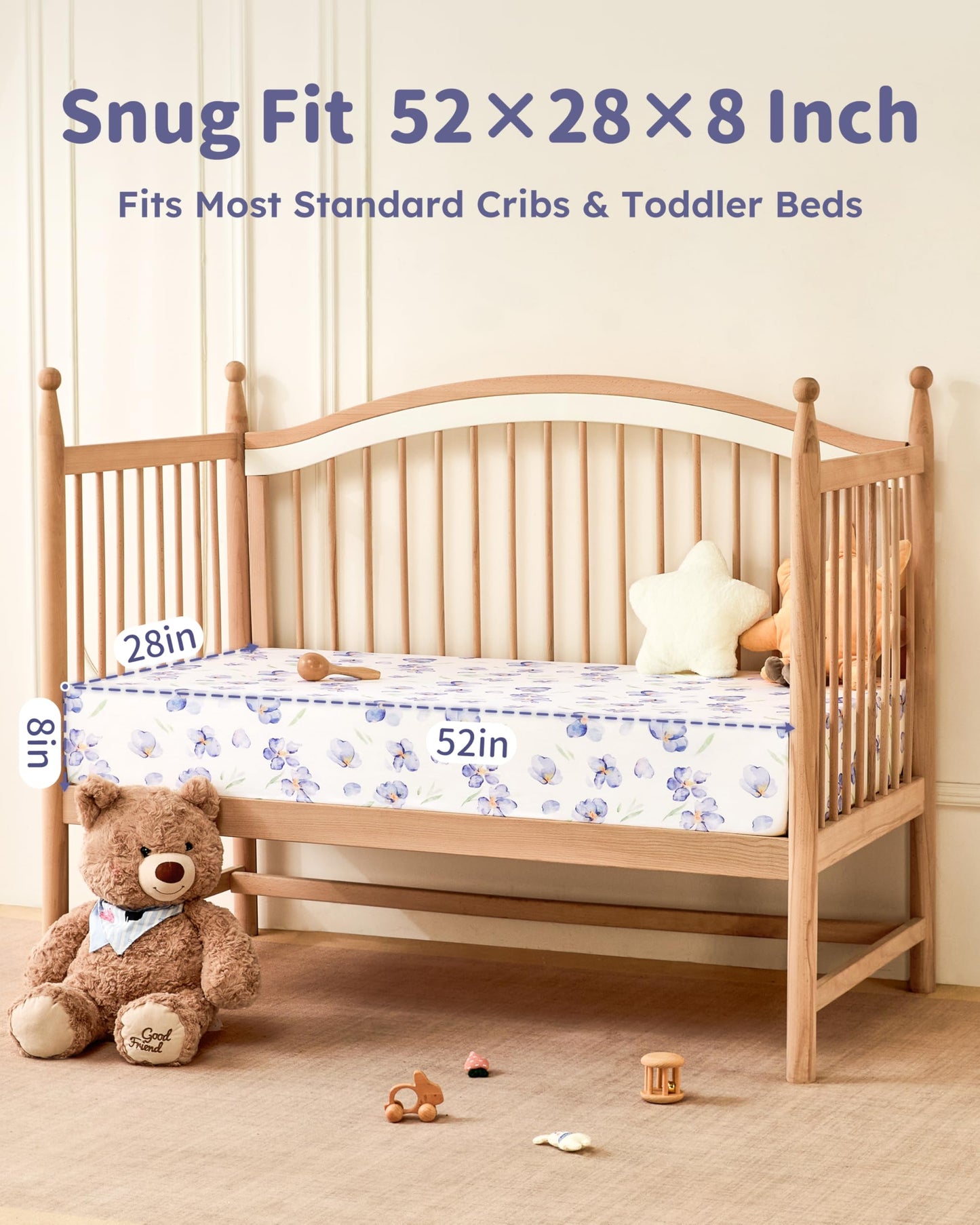 FIEMOL Baby Crib Sheets Girl, Toddler Bed Sheets Fitted for 52”x28”Standard Crib and Toddler Mattresses, 4 Pack Soft Breathable Stretchy Pink Purple Floral