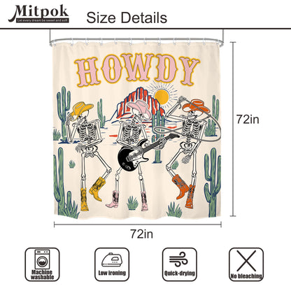 Mitpok Halloween Western Cowboy Skull Shower Curtain Funny Skeleton Retro Cowgirl Texas Howdy Funky Groovy Wild West Desert Gothic Cool Mountain Cactus 72Wx72H Bathroom Decor Bath Curtain 12 Pack Hook