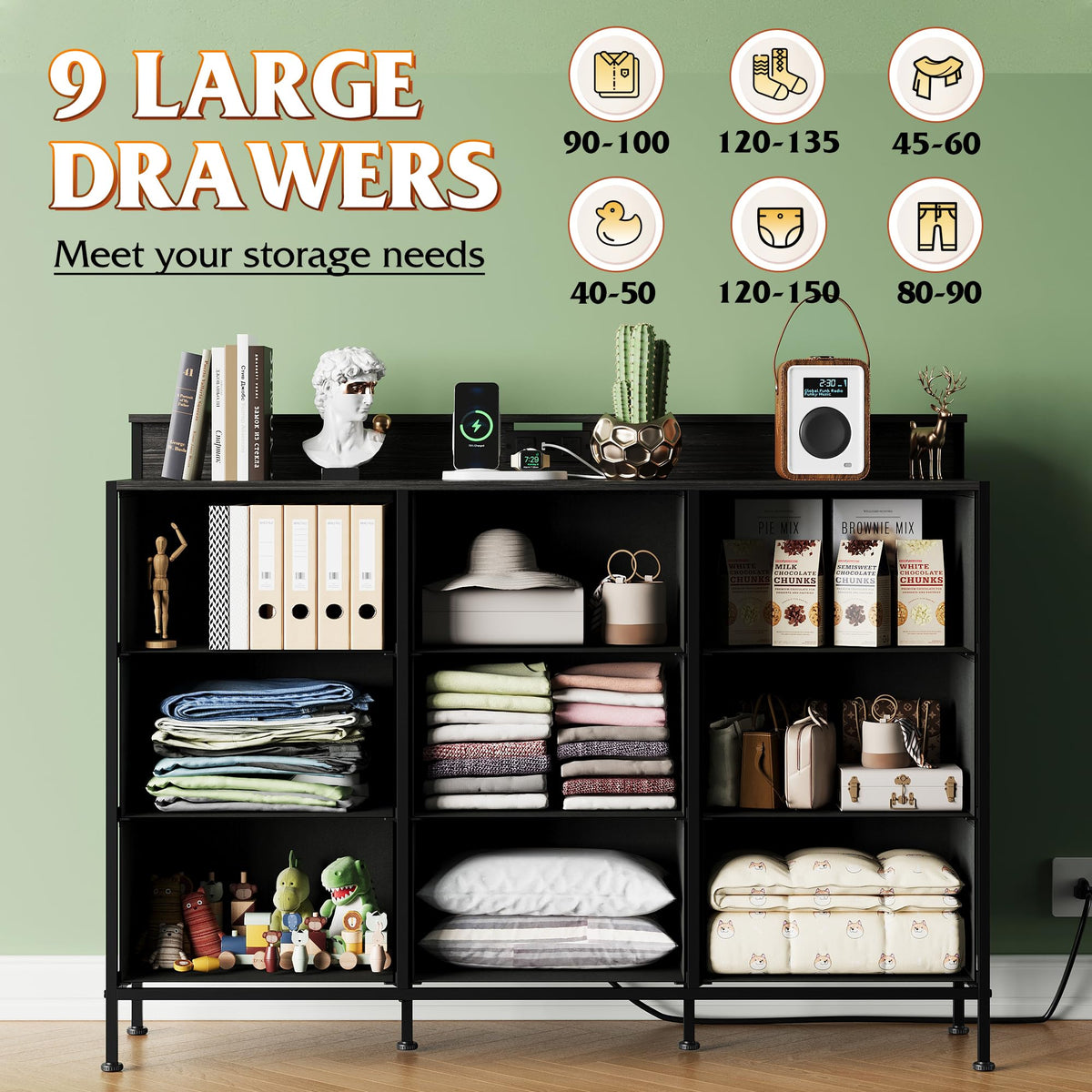 WLIVE Black Dresser TV Stand for 45, 50, 55 inch TV, Entertainment Center with LED Lights & Charging Station, Chest of drawers with 9 Fabric Drawers and Open Shelves for Living Room, Hallway, Wood Top