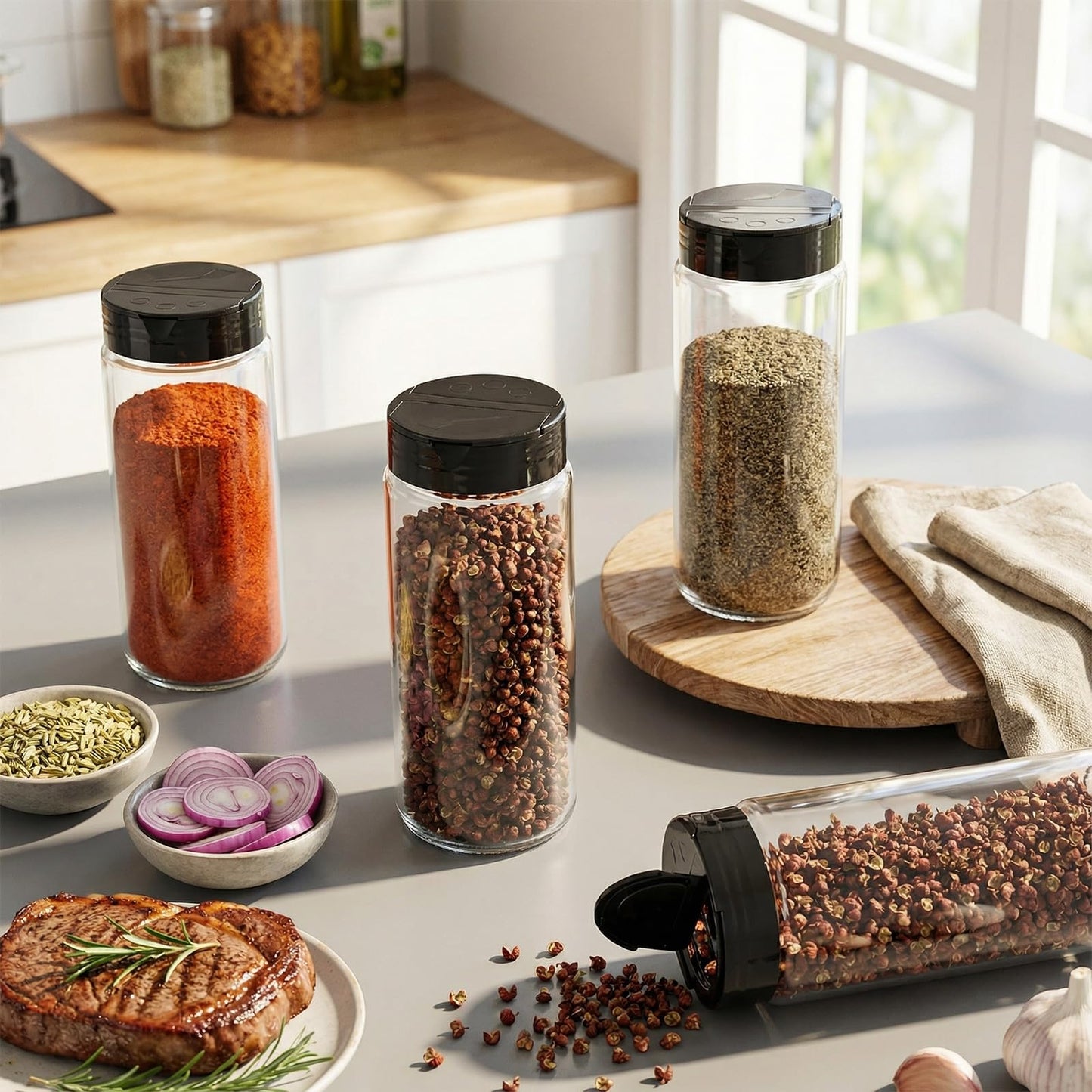 Acellegic 3 Pack 16 oz Glass Spice Jars with Shaker Tops Lids Large Spice Bottle with Lids for Kitchen, Herbs, Sugar, Pantry Herb Salt Pepper Storage (Round)
