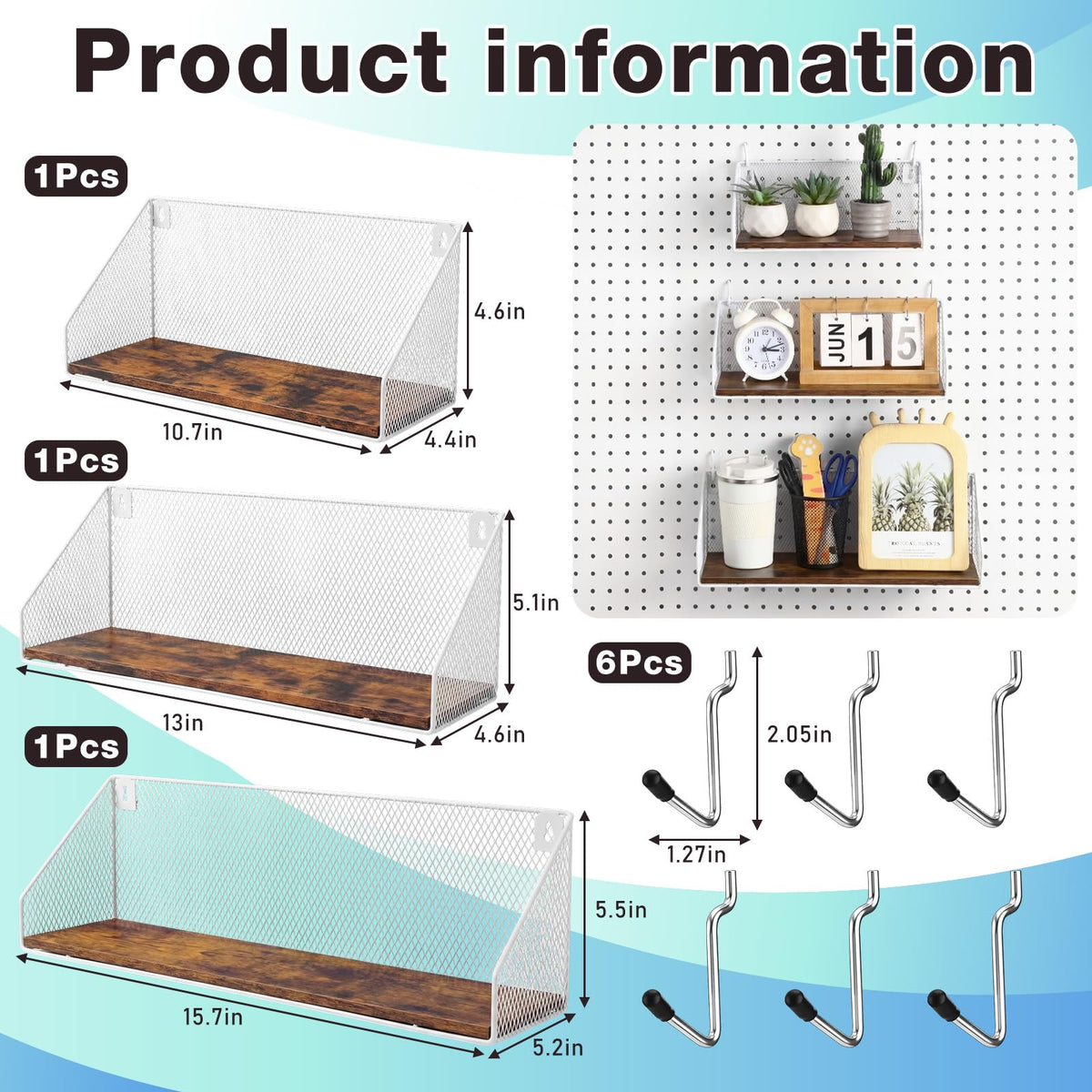 Ferrochef 3 Pack Pegboard Shelves with Hooks, Wall Mounted Grid Shelves, Pegboard Organizer Bins with Wooden Base, Heavy Duty Peg Board Storage Accessories for Kitchen, Bathroom, Garage, Office(White)