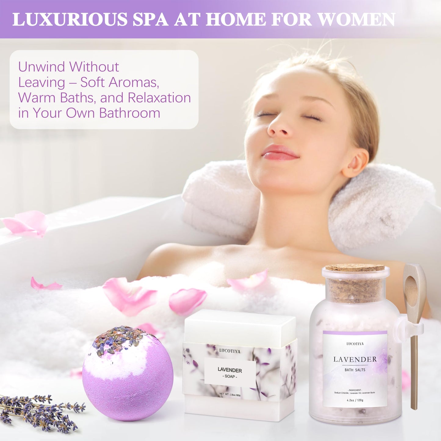 Gifts for Women, Birthday Gifts for Women, 9pc Lavender Bath and Body Gifts Set, Self Care Gifts Spa Gifts Basket, Relaxing Bath Sets for Mom, Girlfriend, Sister, Female Friends, Coworker