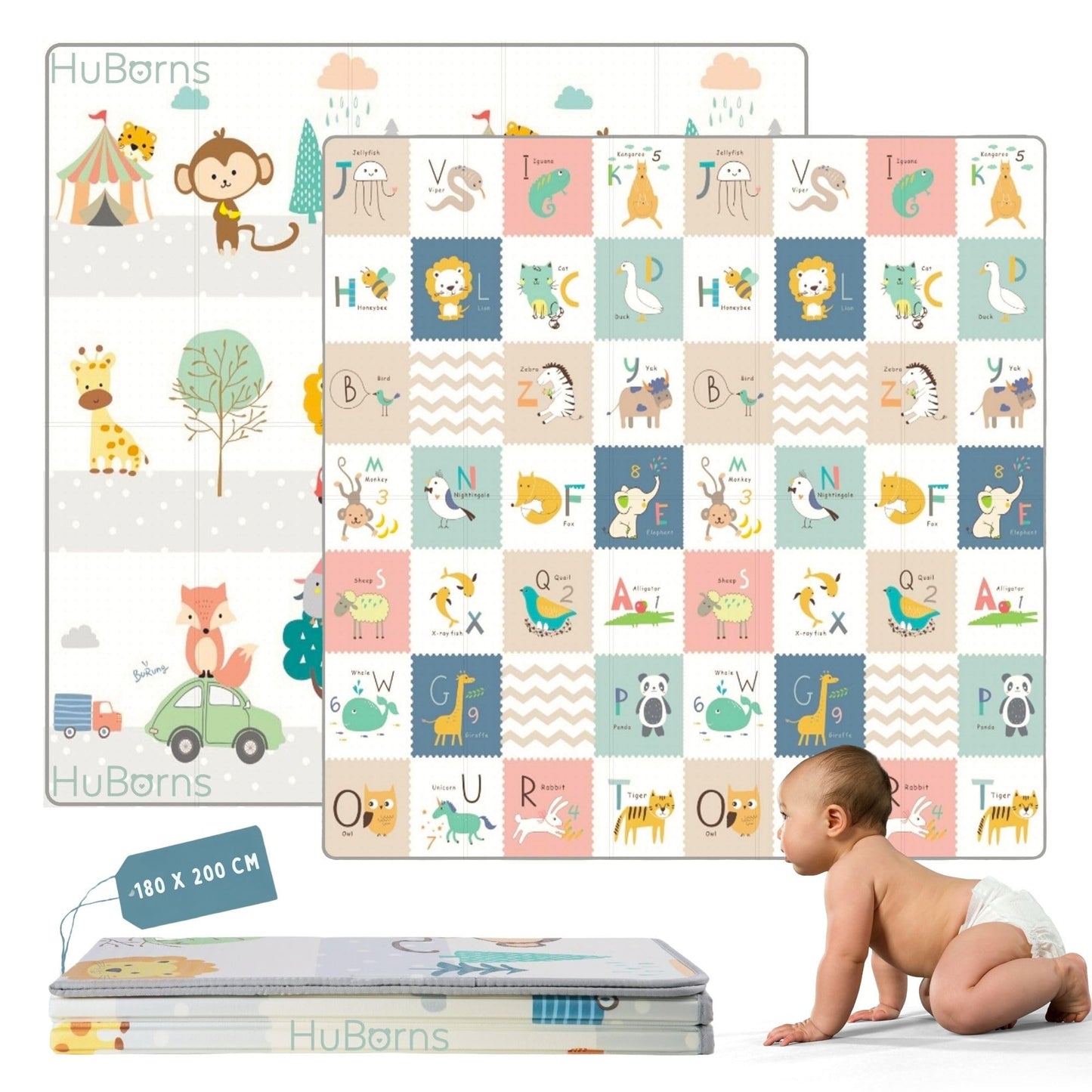 HuBorns - Foldable Baby Play Mat 200x180 cm - Reversible and Padded Baby Foam PlayMat with Stitched Edges - Waterproof Baby Mats for Floor Play - Anti-Fall Thick PlayMatt (Animals)