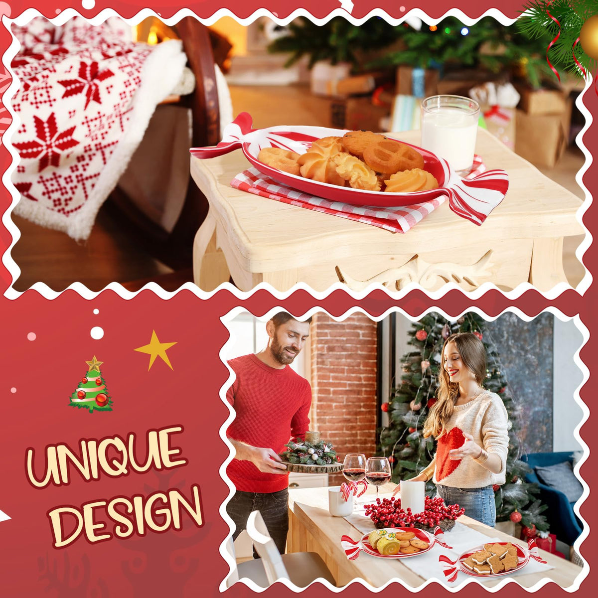 Teenyyou 1 Pcs Christmas Candy Dish Melamine Christmas Serving Tray Fruit Dessert Cookie Plates for Xmas Holiday Party Favor Dishwasher Safe