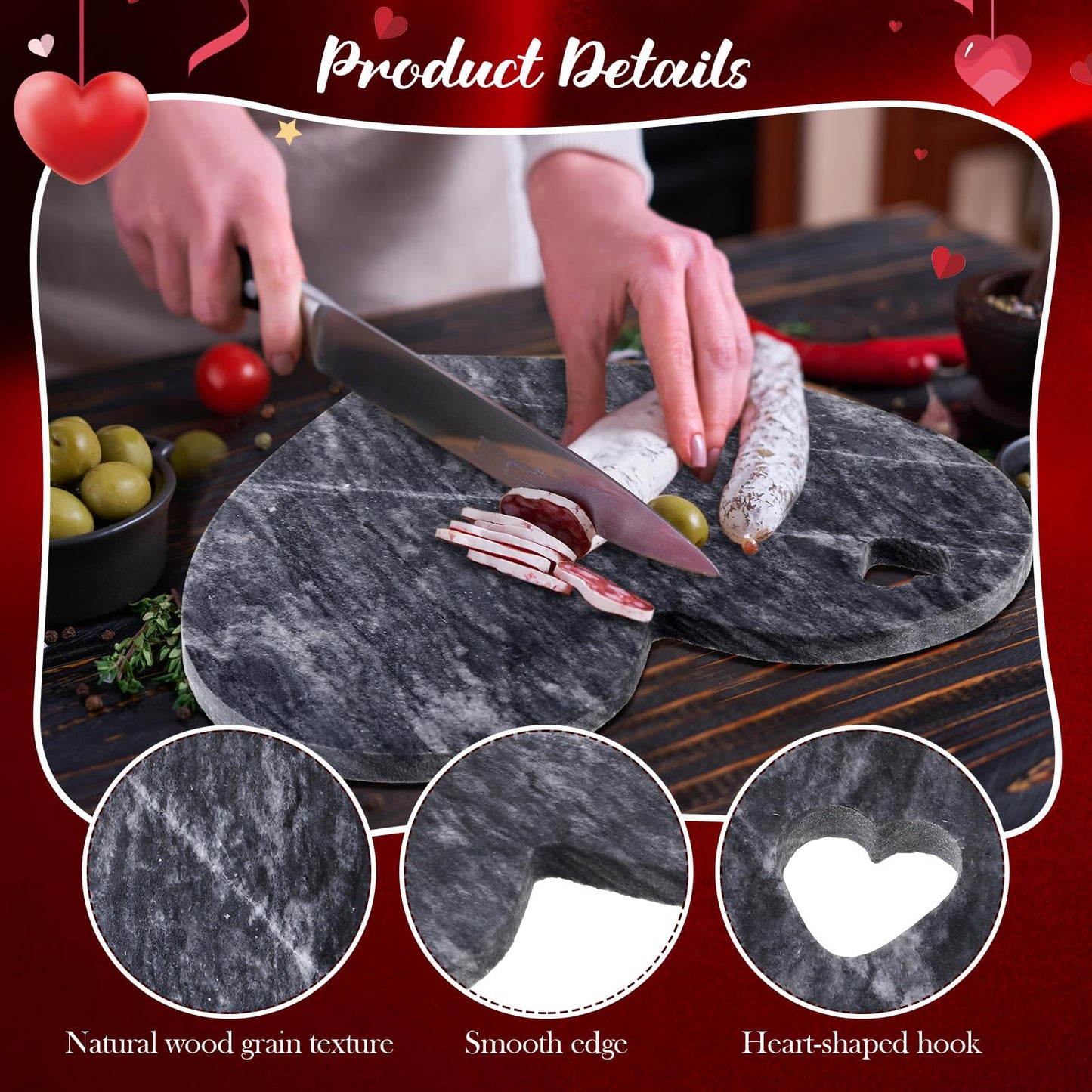 Singhoow Heart Shaped Marble Cutting Board, 12 x 10 x 0.4 Inch Valentine's Day Gifts Cheese Charcuterie Tray Bread Board Serving Platter for Meat Cheese and Vegetables Valentine Xmas Gifts(Dark Gray)