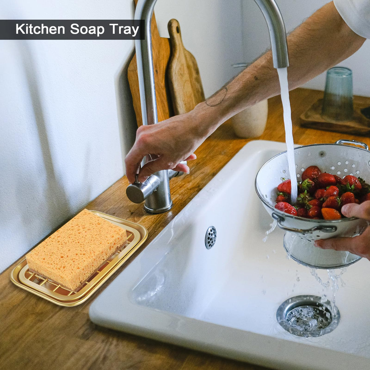Kitchen and Bathroom Soap Dish Tray - Metal 2-Piece Soap Dish Tray with Drainage Grid and Holder for Kitchen Sink Countertops to Store Soap, Sponges, Scrubbers - Rust Resistant (2 Pack, Gold)