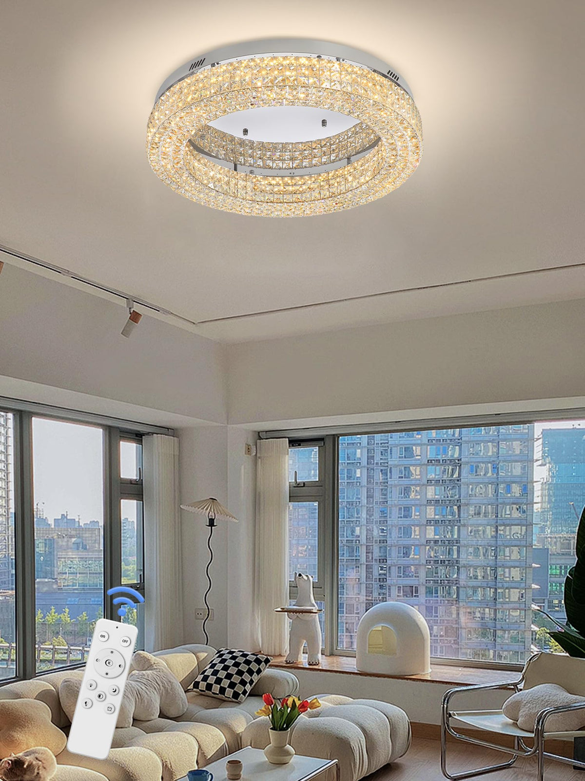 ykolupty 24" Crystal Chandeliers,Round Chandelier for Living Room Modern Ceiling Chandelier Flush Mount Ceiling Light Fixtures for Foyer Bedrooms Dining Room Hallway