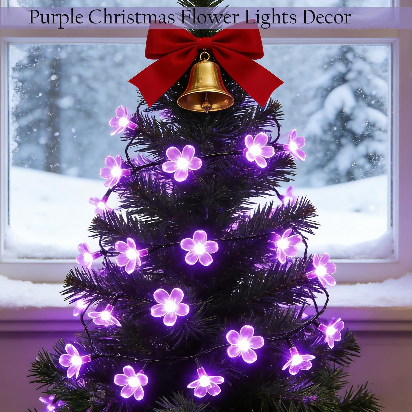 Purple Flower Fairy String Lights on Black Wire, Plug in Connectable 33FT 100 LED Waterproof with 8 Modes for Indoor Outdoor Christmas, Valentine's Day, Wedding Party & Patio Balcony Ambiance