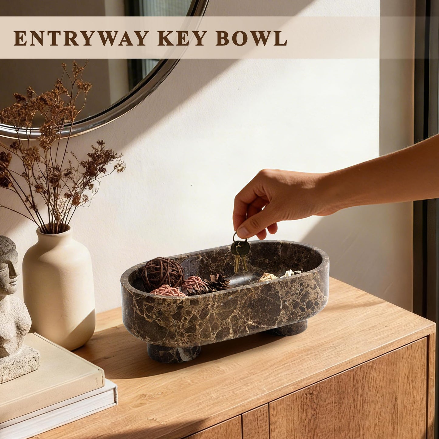 LIN CHUAN Natural Oval Marble Fruit Bowl for Kitchen Counter | Two-Legged Decorative Pedestal Bowl for Dining Table Decor, 10" Luxury Entryway Catchall Purse Bowl - Dark Brown