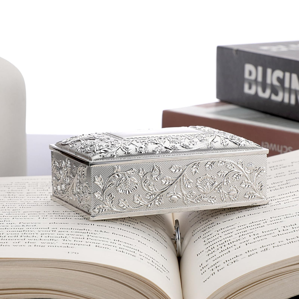 Hipiwe Rectangular Silver Jewelry Box Small Trinket Storage Box Deluxe Treasure Chest Case Earring Ring Necklace Organizer Decorative Keepsake Box Christmas Gift for Women