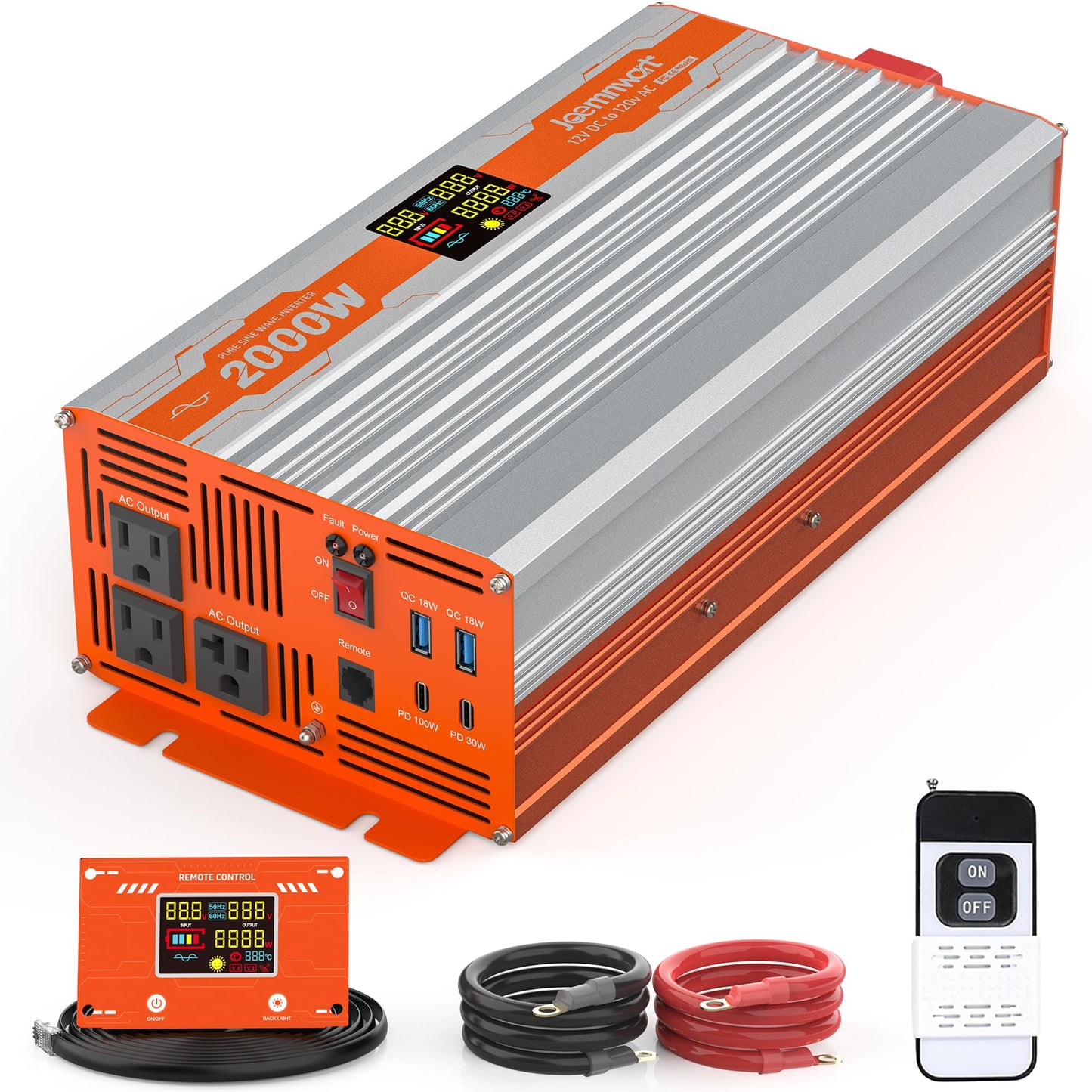 JOEMNWART 2000W Pure Sine Wave Power Inverter, 12V to 120V AC Converter, 4000W Peak Inverter for RV, Truck, Solar with Dual AC and 20A Outlet,4 Quick Charging USB Ports, Remote Controller
