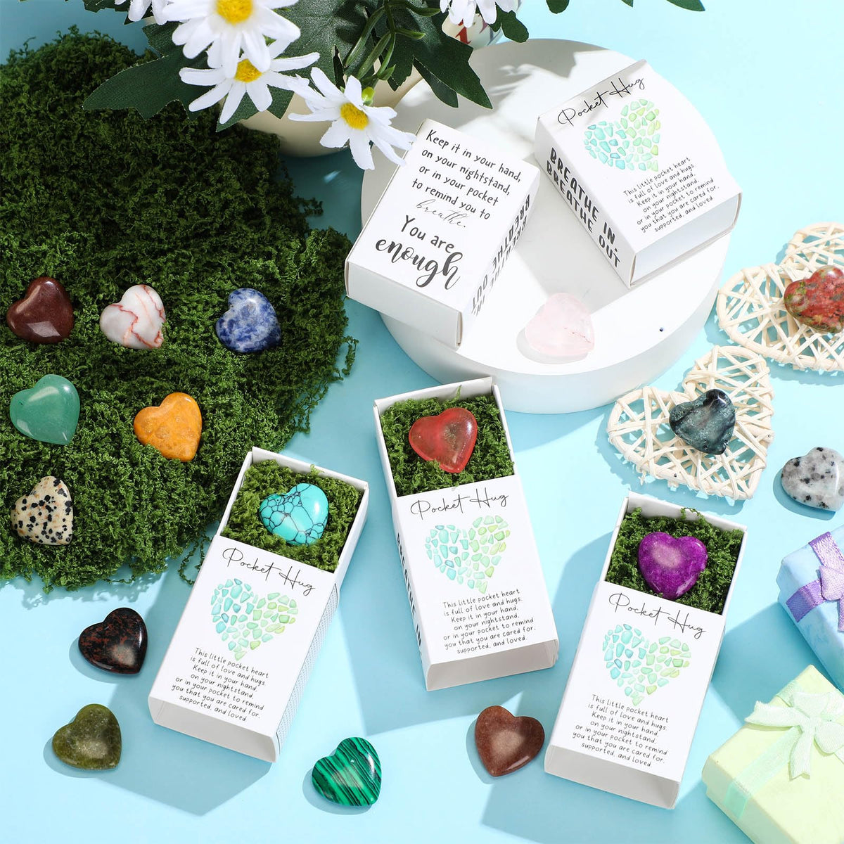 Motipuns 60 Sets Mother's Day Pocket Hug Tokens Bulk Heart Natural Stones Heart Emotional Inspirational Bulk Gifts Positive Cards Thank You Gifts for Office Employees Coworkers Appreciation