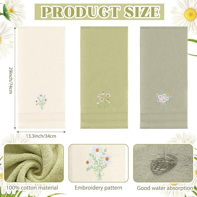 3 Pcs Daisy Floral Hand Towels Daisy Flowers Boho Bathroom Decor 14x29 Inch