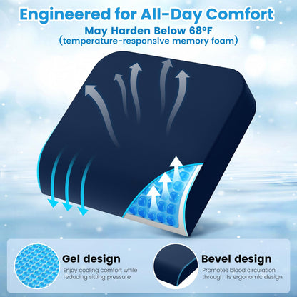 ComfyInLove Wheelchair Seat Cushion - Cooling Gel & Memory Foam Office Chair Cushion with Non-Slip Bottom & Washable Cover, Ergonomic Car Seat Pillow for Sciatica, Tailbone, Back Comfort (Navy Blue)