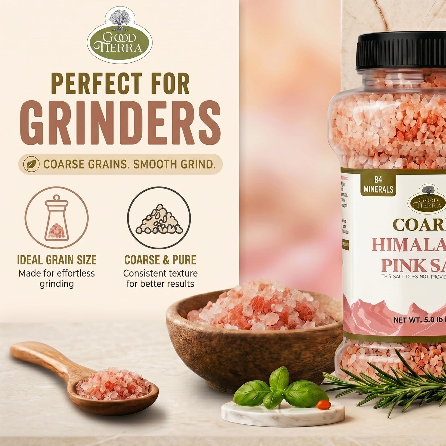 Good Tierra Himalayan Pink Salt in Jar - Coarse, 5 lb - Ideal for Bath Salt, Table Salt Grinders, and Spice Jars