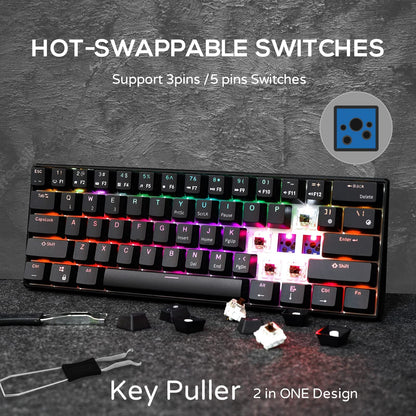 RK ROYAL KLUDGE RK61 60% Mechanical Keyboard with Coiled Cable, 2.4Ghz/Bluetooth/Wired, Wireless Bluetooth Mini Keyboard 61 Keys, RGB Hot Swappable Red Switch Gaming Keyboard with Software - White