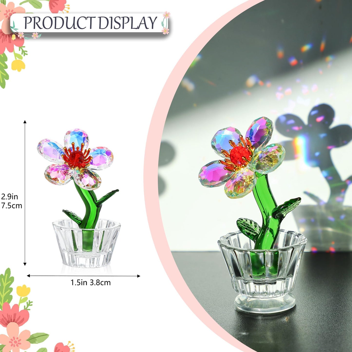 KRISININE Crystal Peach Blossom Mini Ornament Figurine 2.9 * 1.5in Glass Flower Decoration for Home Office for Mom