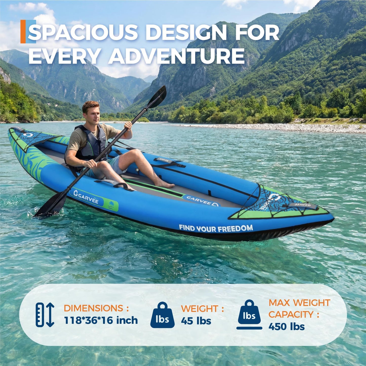 Inflatable Kayak, Heavy-Duty PVC Single Tandem Kayak with Adjustable Seats & Backrest, Aluminum Paddles, High-Output Pump, Portable Fishing Kayak for Lake River Ocean, Kayak for Family