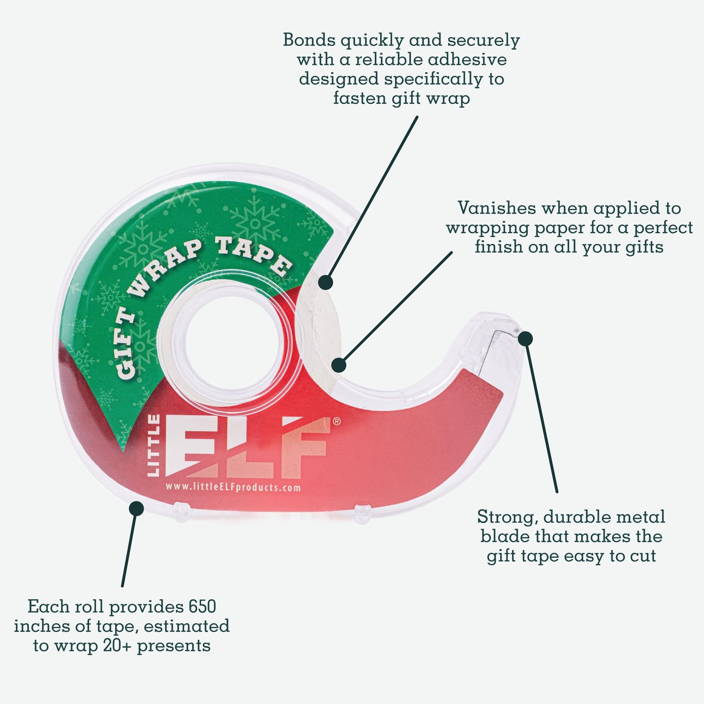 Little ELF Gift Wrap Tape, 6 Rolls, 3/4 x 650 Inches, Clear, Transparent Tape for Wrapping Paper, Christmas, Holiday