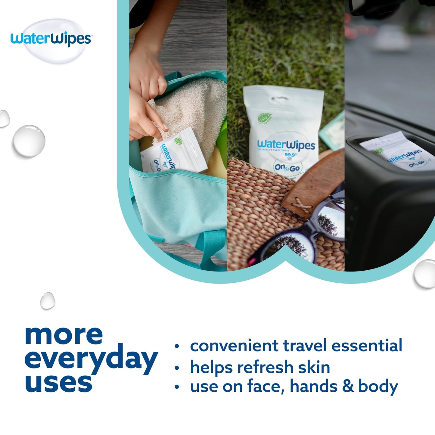 WaterWipes Sensitive+ On The Go Wipes, 100 Count (10 Packs), 3-In-1 Cleans, Cares, Protects, 99.9% Water, Unscented Wet Wipes