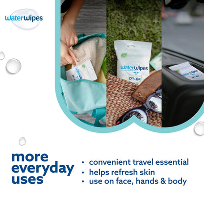 WaterWipes Sensitive+ On The Go Wipes, 100 Count (10 Packs), 3-In-1 Cleans, Cares, Protects, 99.9% Water, Unscented Wet Wipes