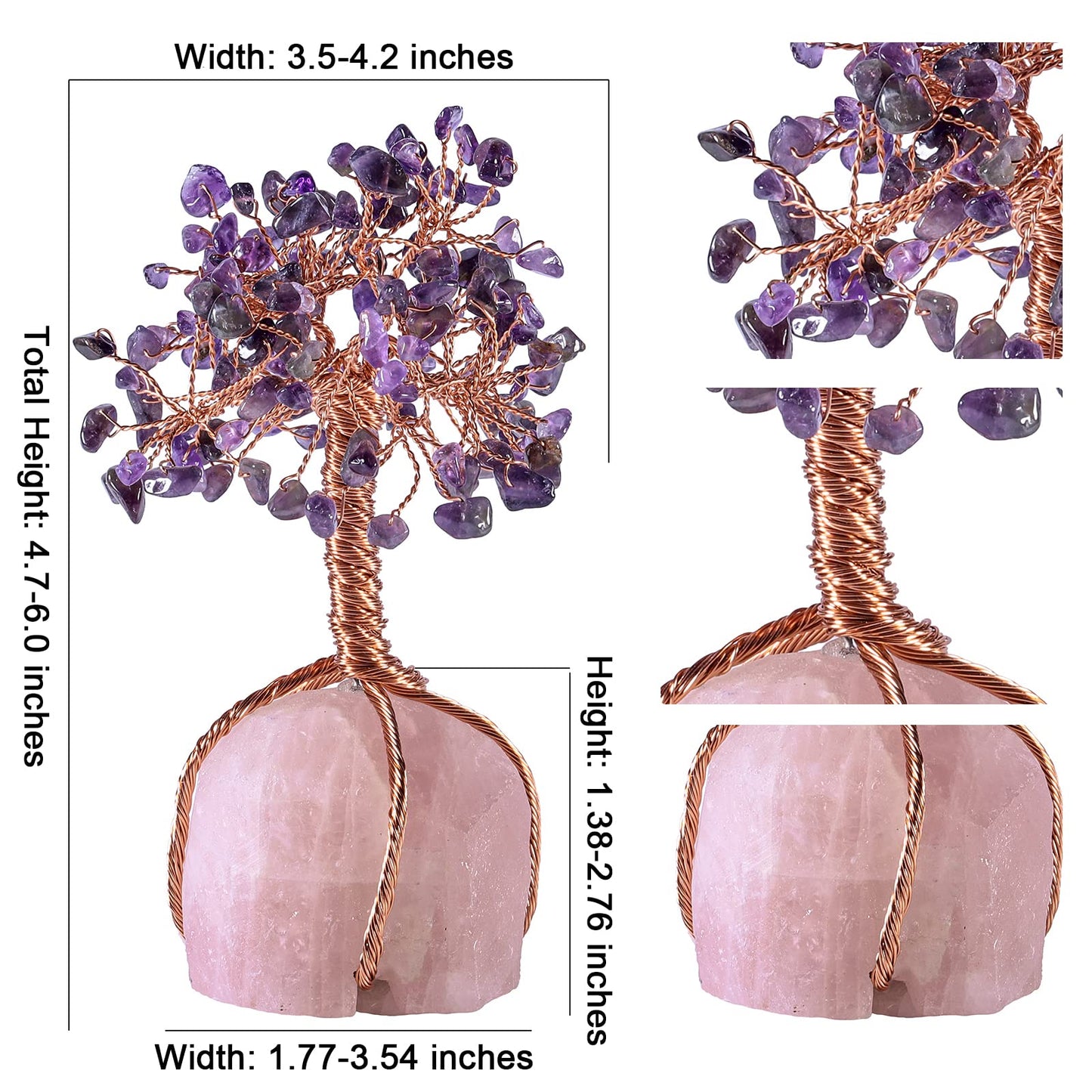 Cheungshing Crystal Copper Tree Wrapped with Raw Rose Quartz Base, Bonsai Tree for Home Office Living-Room Decor, Amethyst